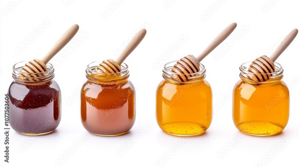 Four Stylish Jars of Honey Isolated on a White Background with Wooden Dippers for Artistic Presentation and Food Photography Use in Culinary Projects Four Stylish Jars of Honey Isolated on a White Background with Wooden Dippers for Artistic Presentation and Food Photography Use in Culinary Projects