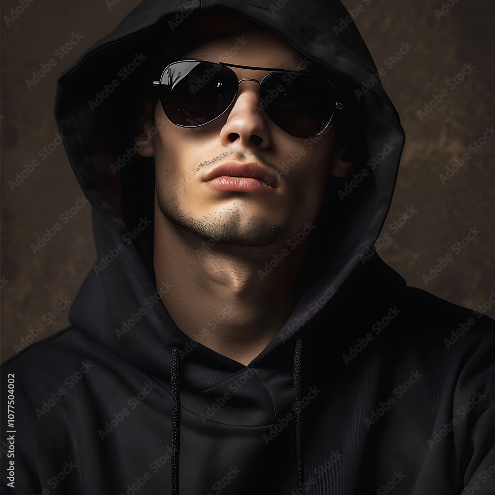 A photo of a man model wearing a black hoodie and sunglasses A photo of a man model wearing a black hoodie and sunglasses