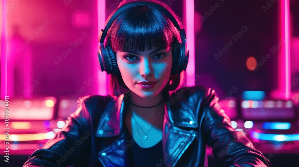 Young woman DJ with short bob haircut focused on mixing tracks during a live set, wearing headphones and leather jacket, in a vibrant neon-lit studio with pink and blue backlighting. Young woman DJ with short bob haircut focused on mixing tracks during a live set, wearing headphones and leather jacket, in a vibrant neon-lit studio with pink and blue backlighting.