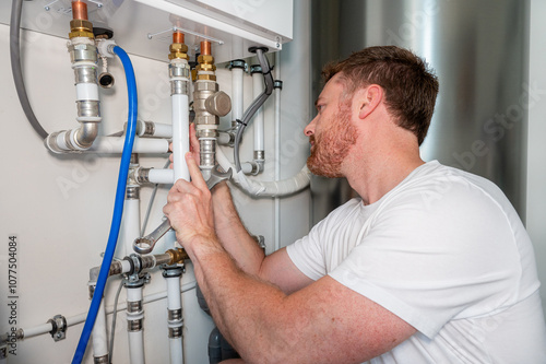 Installer carries out maintenance on a heat pump. Dressed in a white shirt, caucasian male with wrench in hand.