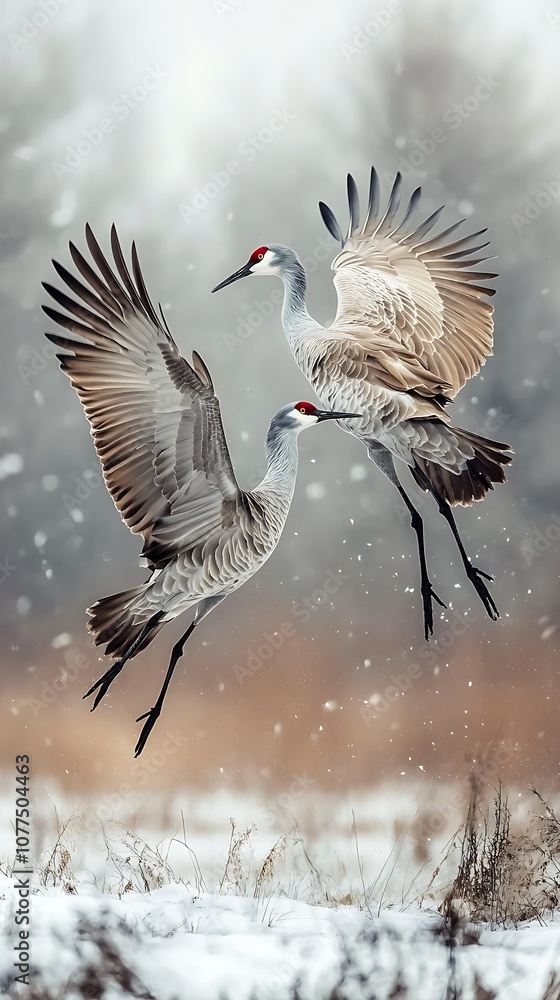 Obraz premium Wild fight between Sandhill cranes mid-air in countryside field.