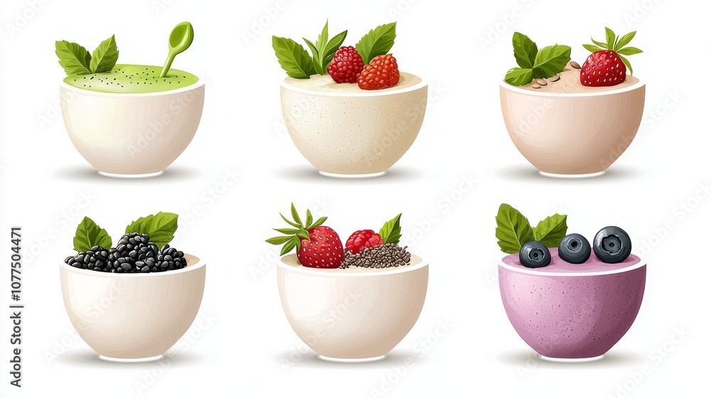 Fresh and Healthy Smoothie Bowls Collection with Berries and Green Ingredients on a Clean White Background Perfect for Healthy Eating and Lifestyle Illustrations Fresh and Healthy Smoothie Bowls Collection with Berries and Green Ingredients on a Clean White Background Perfect for Healthy Eating and Lifestyle Illustrations