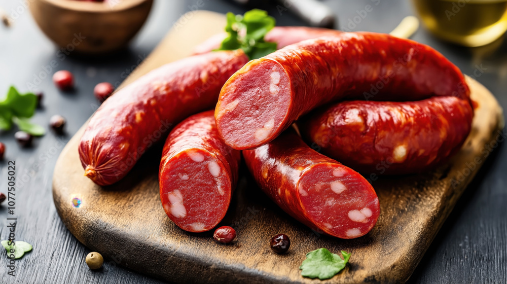 Φωτογραφία Close-up of cured sausages on a wooden board with scattered peppercorns and herbs, showcasing texture and detail of the sliced meat products