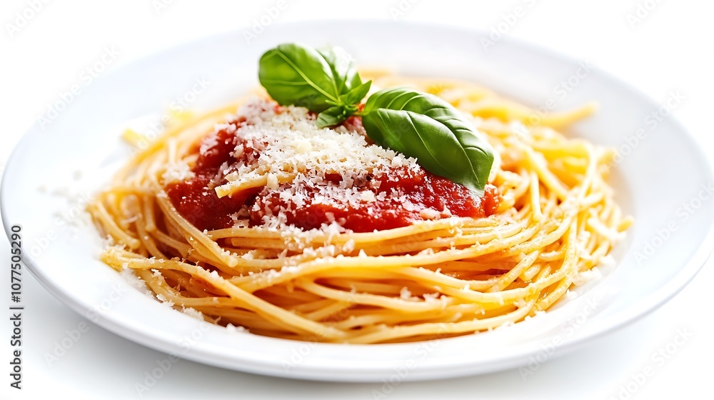 Perfectly plated serving of spaghetti with marinara sauce basil and Parmesan cheese on a white background focusing on Italian cuisine comfort food and home cooking Perfectly plated serving of spaghetti with marinara sauce basil and Parmesan cheese on a white background focusing on Italian cuisine comfort food and home cooking
