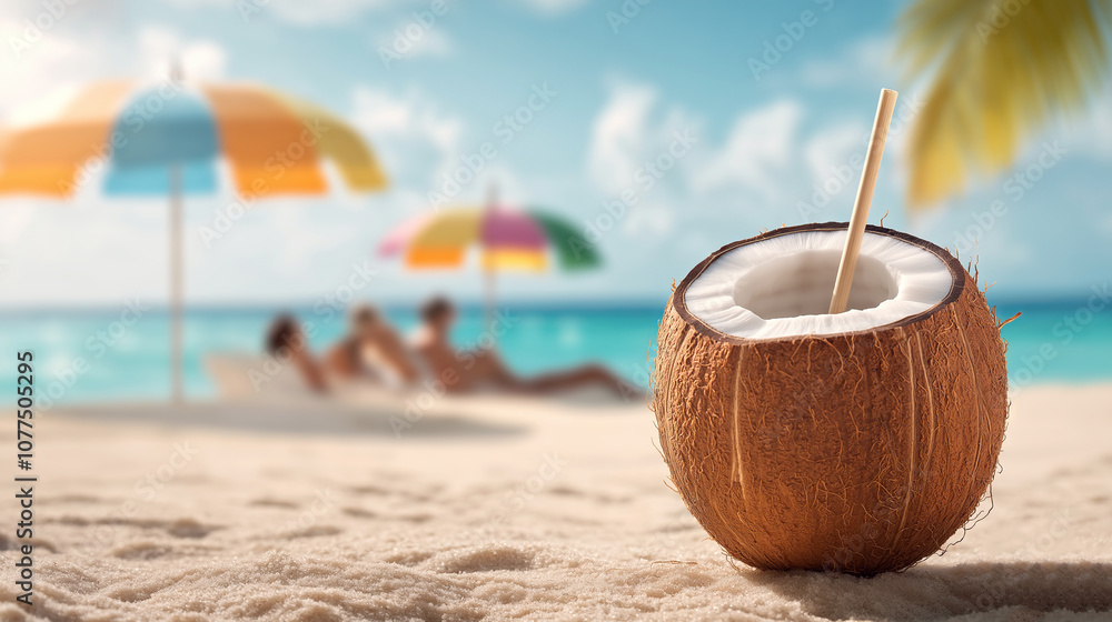 Inviting tropical paradise with fresh coconut, straw, sandy beach, colorful parasols, and sunbathing tourists Inviting tropical paradise with fresh coconut, straw, sandy beach, colorful parasols, and sunbathing tourists