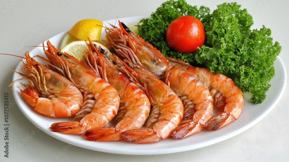 Fresh Shrimp with Lemon and Greens on White Plate Fresh Shrimp with Lemon and Greens on White Plate
