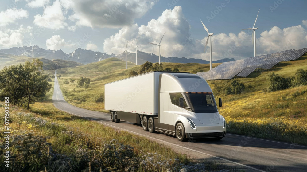 Electric semi truck drives past solar panels and wind turbines in scenic countryside Electric semi truck drives past solar panels and wind turbines in scenic countryside