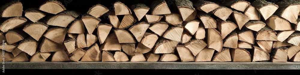 Fototapeta premium Stacked firewood on shelf, neatly arranged, rustic texture