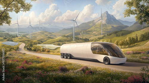 Wallpaper Mural Futuristic electric truck in a sustainable landscape with wind turbines and solar panels Torontodigital.ca