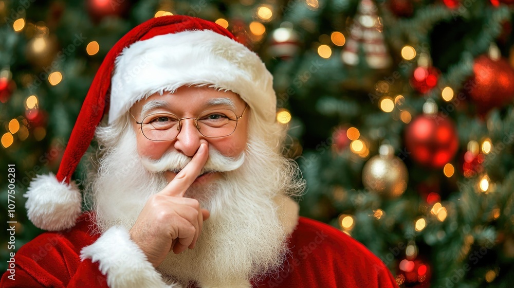 Jolly Santa Claus with Christmas Background Shushing Gesture Jolly Santa Claus with Christmas Background Shushing Gesture