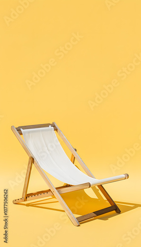 A minimalist white deck chair stands out against a bright yellow background, offering a cheerful and elegant setting for relaxation, where simplicity and vibrancy blend harmoniously