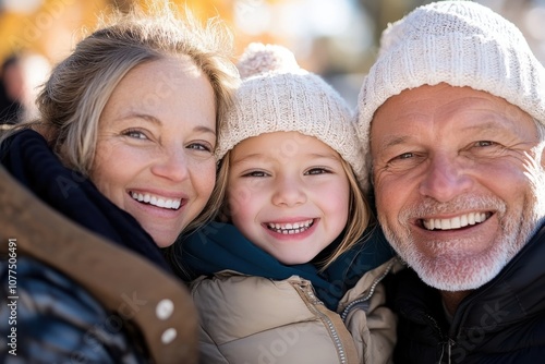 A happy family smiling broadly, wearing warm winter coats and hats, highlights the joys of familial bonds and winter charm with crisp, vibrant fall foliage behind.