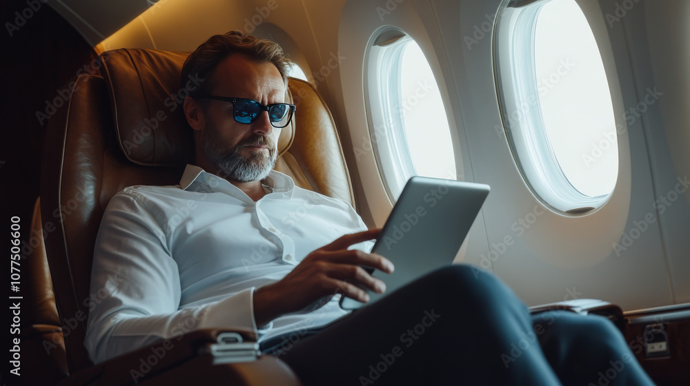 A businessman is learning to work remotely. He's using his phone and laptop while sitting on an airplane. A businessman is learning to work remotely. He's using his phone and laptop while sitting on an airplane.