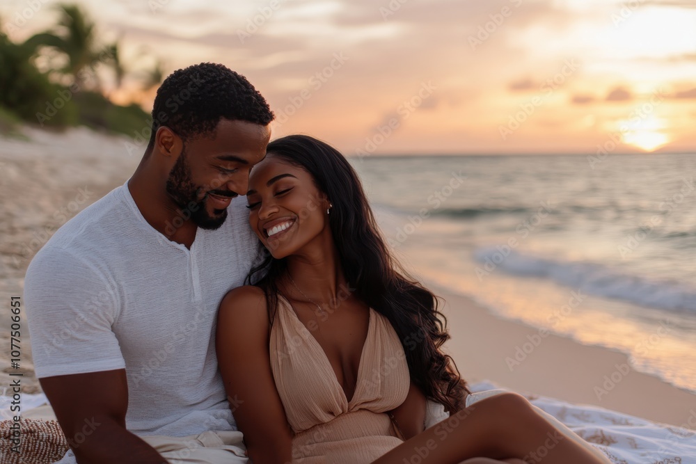 A joyful couple relaxes on a beach during sunset, reflecting their shared happiness and affection as they enjoy this serene and picturesque moment together. A joyful couple relaxes on a beach during sunset, reflecting their shared happiness and affection as they enjoy this serene and picturesque moment together.