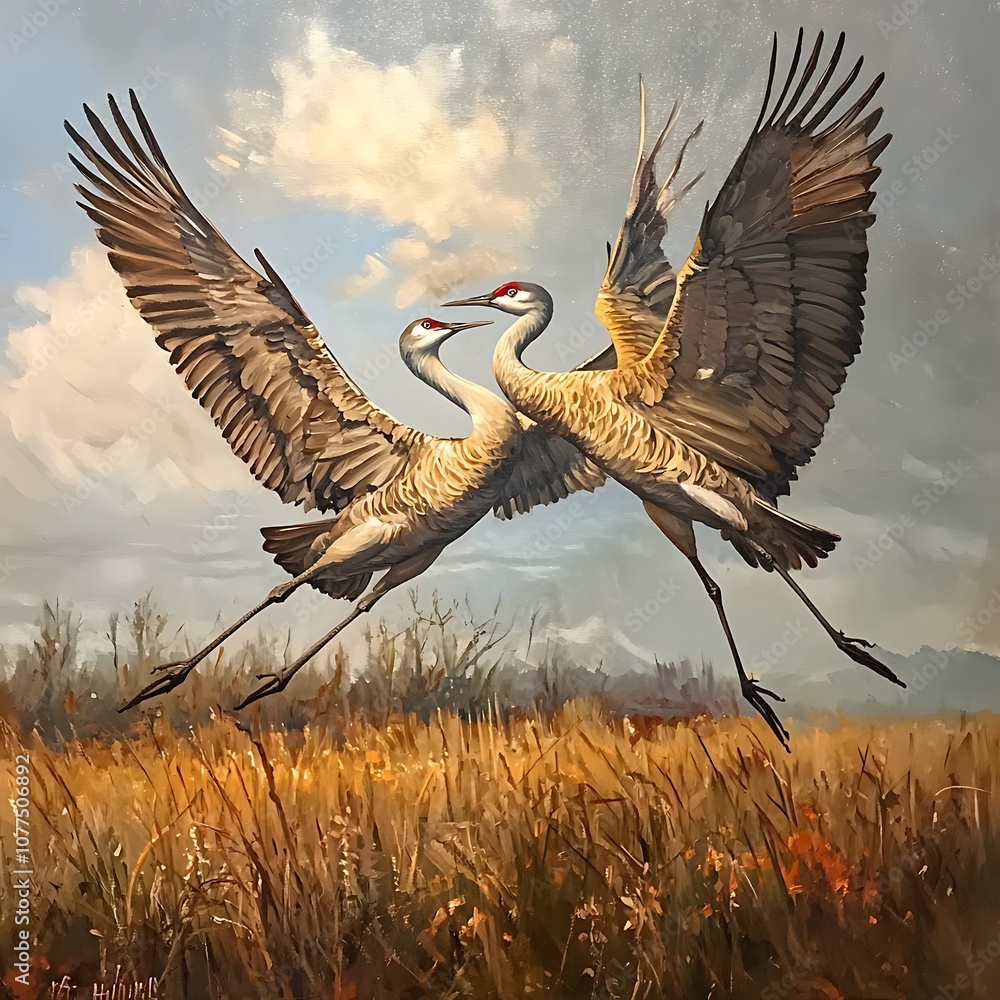 Fototapeta premium Sandhill cranes engage in fierce mid-air clash over open field.