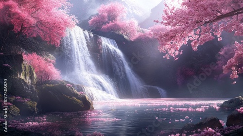 Serene Waterfall Under Blooming Cherry Trees