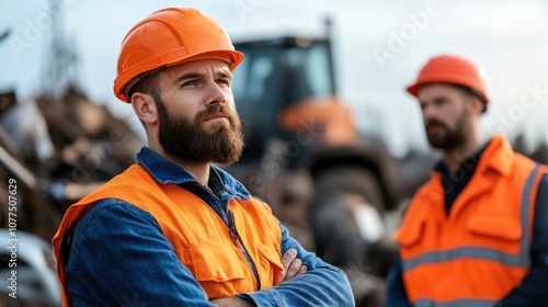 Two construction workers wearing orange safety helmets and vests evaluate the worksite environment. Heavy machinery is visible in the background, highlighting their focused discussion