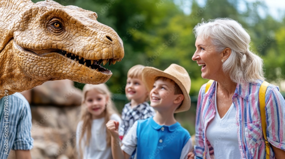 Obraz premium A grandmother shares a smile with children as they gaze in awe at a realistic dinosaur model in a vibrant park setting filled with greenery and sunlight