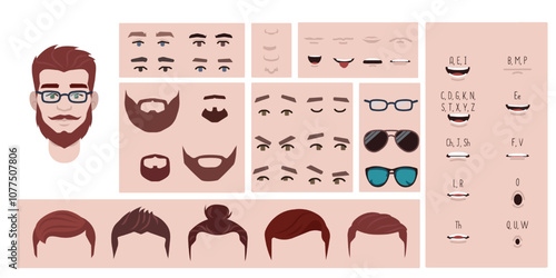 Man face constructor, avatar of male character creation hairstyle, nose, eyes with eyebrows and lips. Facial elements for construction. Cartoon set suitable for animation and lip sync speaking.