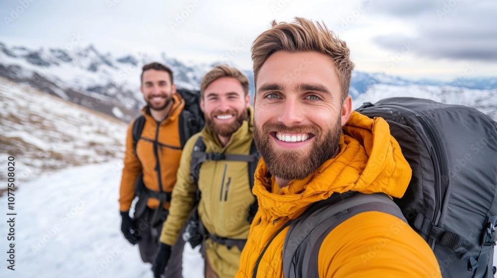 Three friends pose for a cheerful selfie while hiking on a snow-covered path in the Alps, enjoying the stunning winter scenery and each others company Three friends pose for a cheerful selfie while hiking on a snow-covered path in the Alps, enjoying the stunning winter scenery and each others company