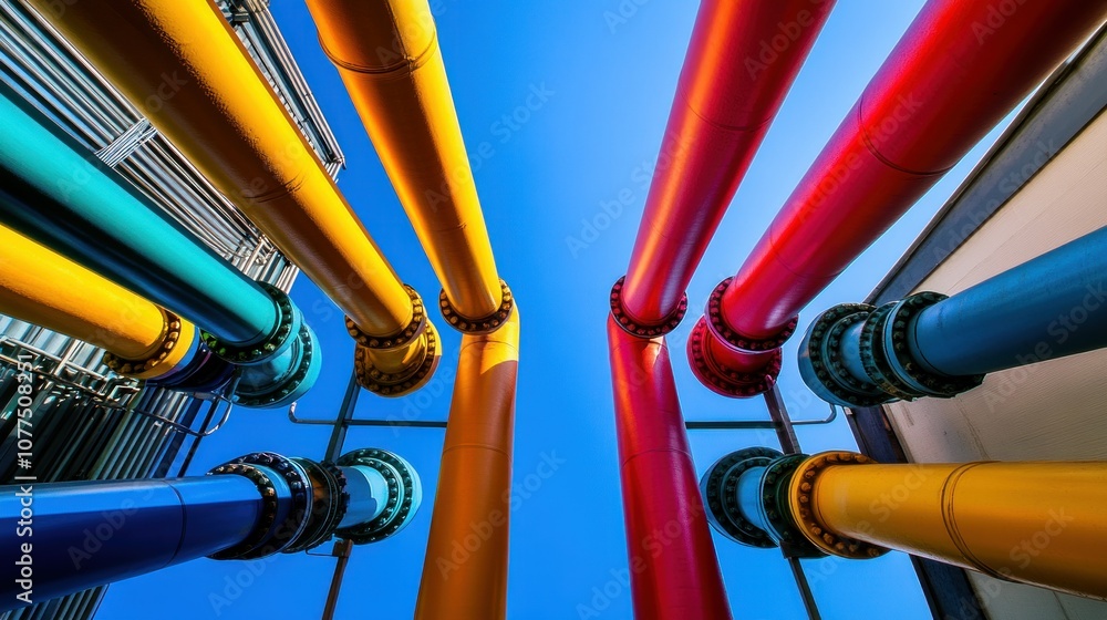 Colorful Industrial Pipes Against a Blue Sky