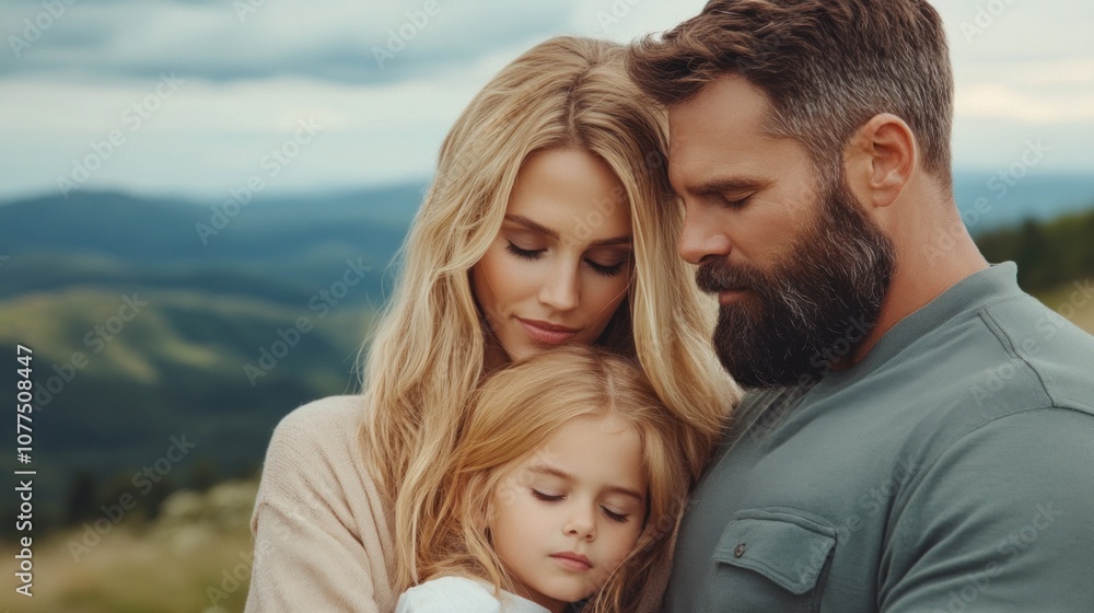 loving family stands close together in a serene mountain landscape, with a couple tenderly embracing their young daughter, who appears peacefully content in their warmth loving family stands close together in a serene mountain landscape, with a couple tenderly embracing their young daughter, who appears peacefully content in their warmth