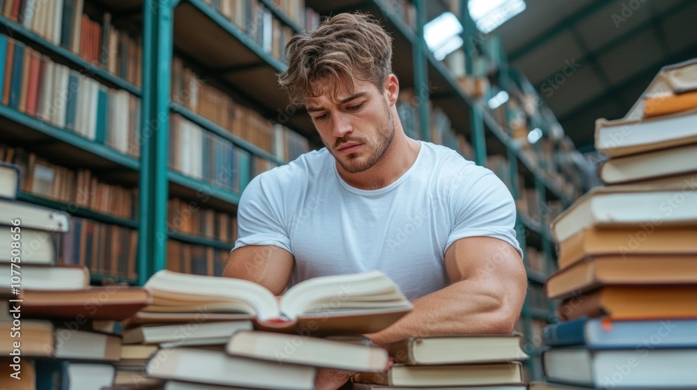 In a spacious library, a focused young man reads a book while surrounded by towering stacks of literature. tranquil atmosphere enhances his concentration In a spacious library, a focused young man reads a book while surrounded by towering stacks of literature. tranquil atmosphere enhances his concentration
