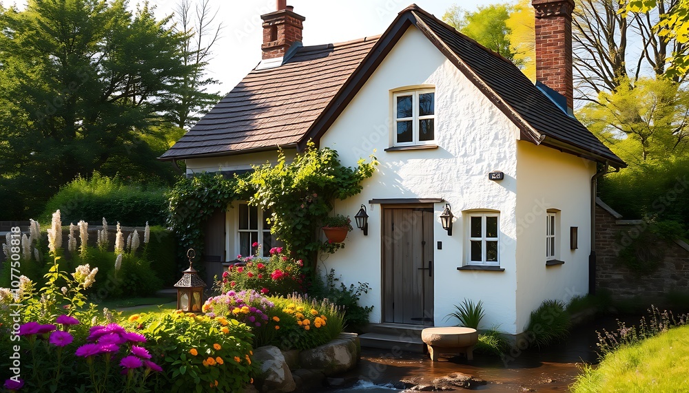 Fototapeta premium A quaint, old-fashioned, white-washed cottage with a steeply pitched roof, surrounded by lush greenery and vibrant flowers, set against a warm, sunny backdrop.