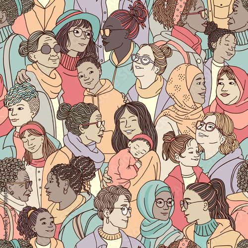 Seamless illustration of diverse women and girls photo