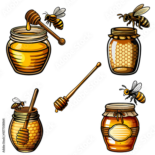 Vector set of honey jars with honey dippers and bees, featuring detailed honeycomb textures and vibrant golden colors, perfect for organic food packaging, beekeeping, and honey product designs