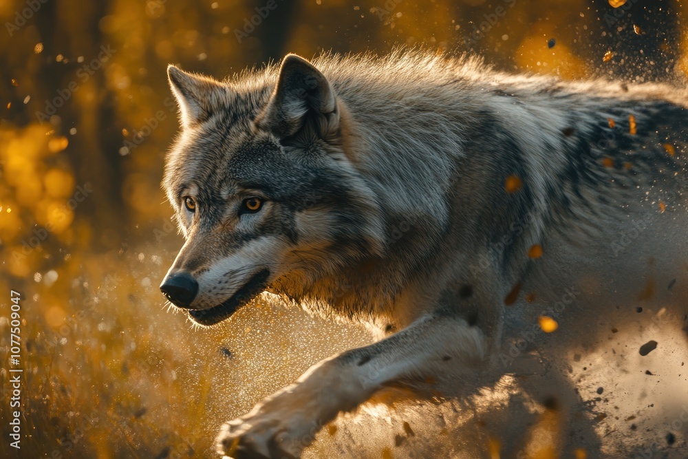 A lone wolf runs through a forest, kicking up dust and leaves, with the setting sun shining through the trees. A lone wolf runs through a forest, kicking up dust and leaves, with the setting sun shining through the trees.