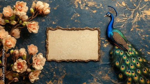 Indian wedding invitation on a table with peacock design 