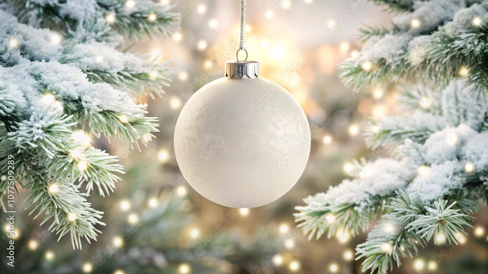 A blank white ornament hanging on a Christmas tree christmas background snowfall A blank white ornament hanging on a Christmas tree christmas background snowfall