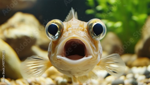 Surprised Fish With Wide Open Mouth And Big Eyes In Fish Tank: Front View Portraying Shocked Or Amazed Expression photo