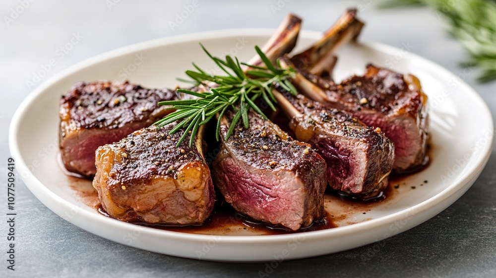 Juicy roasted lamb chops with rosemary on plate Juicy roasted lamb chops with rosemary on plate