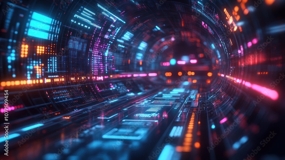 Abstract futuristic tunnel with neon lights and glowing digital elements. Abstract futuristic tunnel with neon lights and glowing digital elements.
