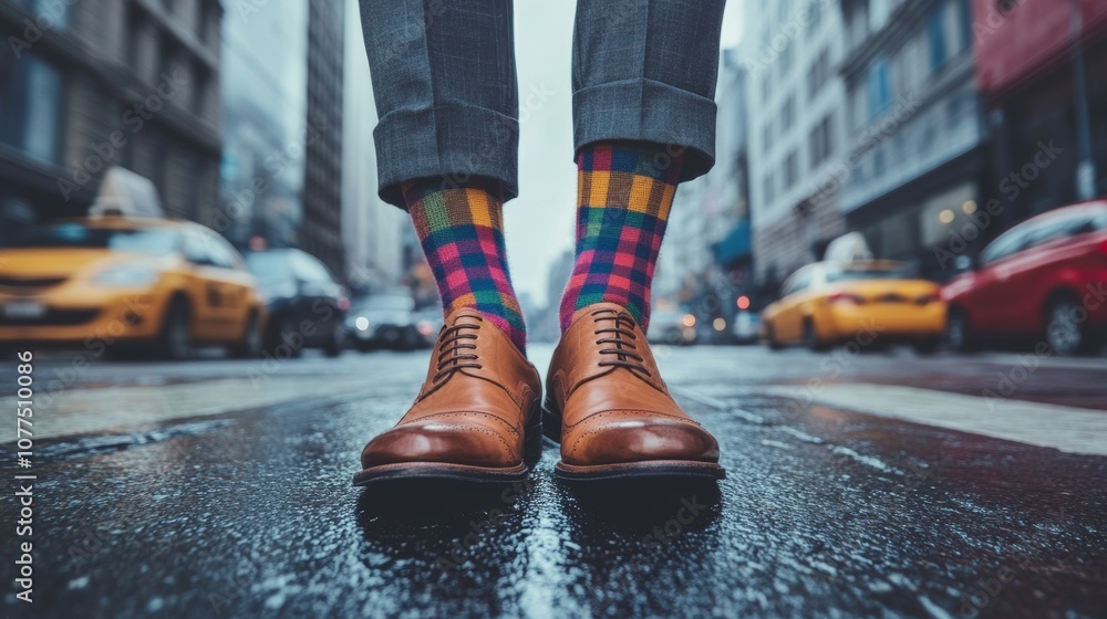 Businessman wearing colorful socks and elegant shoes in new york city Businessman wearing colorful socks and elegant shoes in new york city
