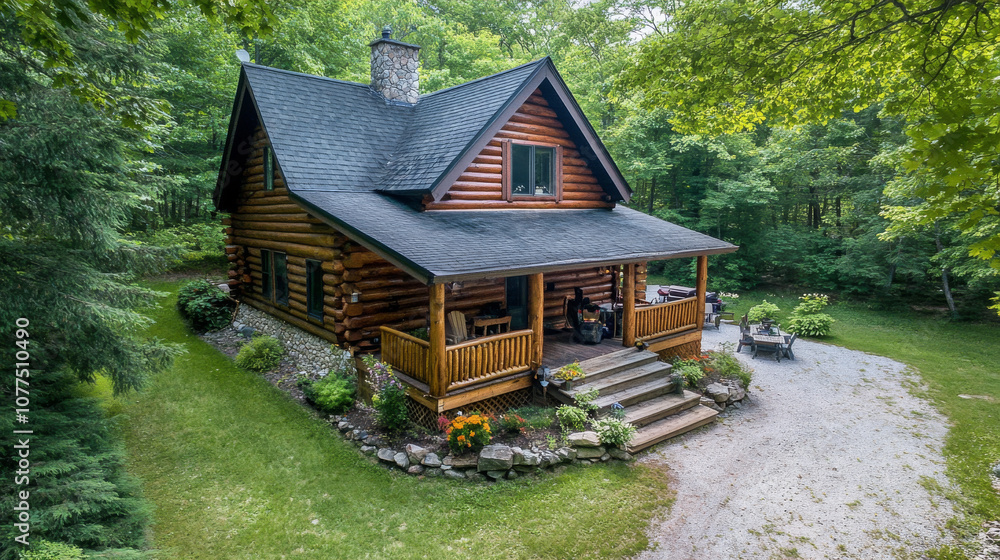 A charming wooden cabin nestled in a Canadian forest. The house is made of logs and has a porch, patio, and driveway. It's surrounded by peaceful nature. A charming wooden cabin nestled in a Canadian forest. The house is made of logs and has a porch, patio, and driveway. It's surrounded by peaceful nature.