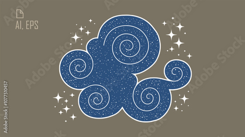 Whimsical Blue Spiral Cloud with Stars on Beige Gradient Background – Dreamy Vector Illustration