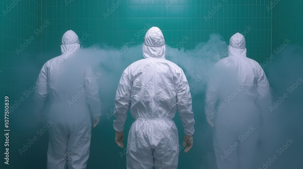 Three individuals in protective suits stand in a foggy, teal-lit environment, suggesting themes of safety, exploration, or science. Three individuals in protective suits stand in a foggy, teal-lit environment, suggesting themes of safety, exploration, or science.