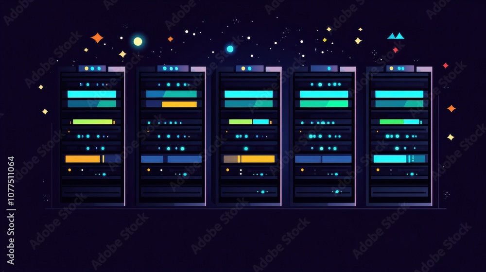 Several servers display blinking indicators against a dark background, showcasing active data processing in a modern data center. Generative AI Several servers display blinking indicators against a dark background, showcasing active data processing in a modern data center. Generative AI