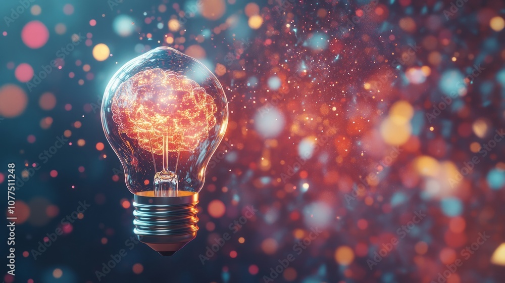 Abstract light bulb with brain matter inside, surrounded by colorful particles, invention generative ai Abstract light bulb with brain matter inside, surrounded by colorful particles, invention generative ai