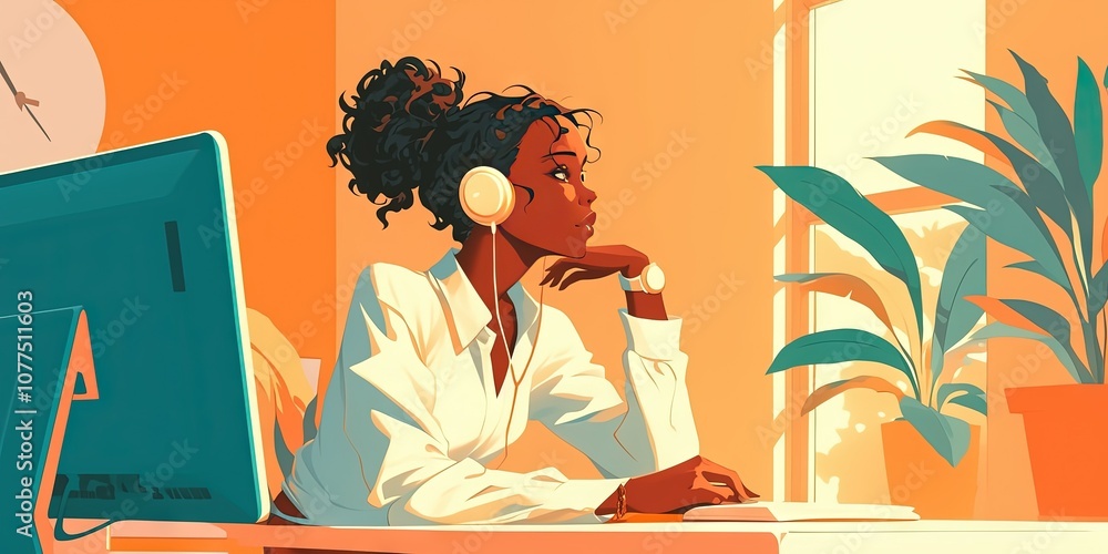 anime of a thin african american girl wearing a white suit sitting at computer, anime of a thin african american girl wearing a white suit sitting at computer,