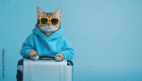 Amusing Cat Relaxing In Blue Sweatshirt And Shades, Lounging With Luggage On White Background - A Charming Feline Scene. photo