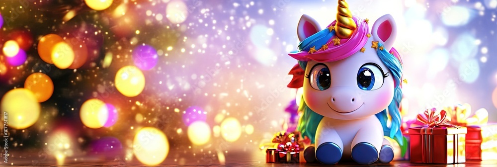 Adorable 3D animated cartoon unicorn, christmas background, copy space Adorable 3D animated cartoon unicorn, christmas background, copy space