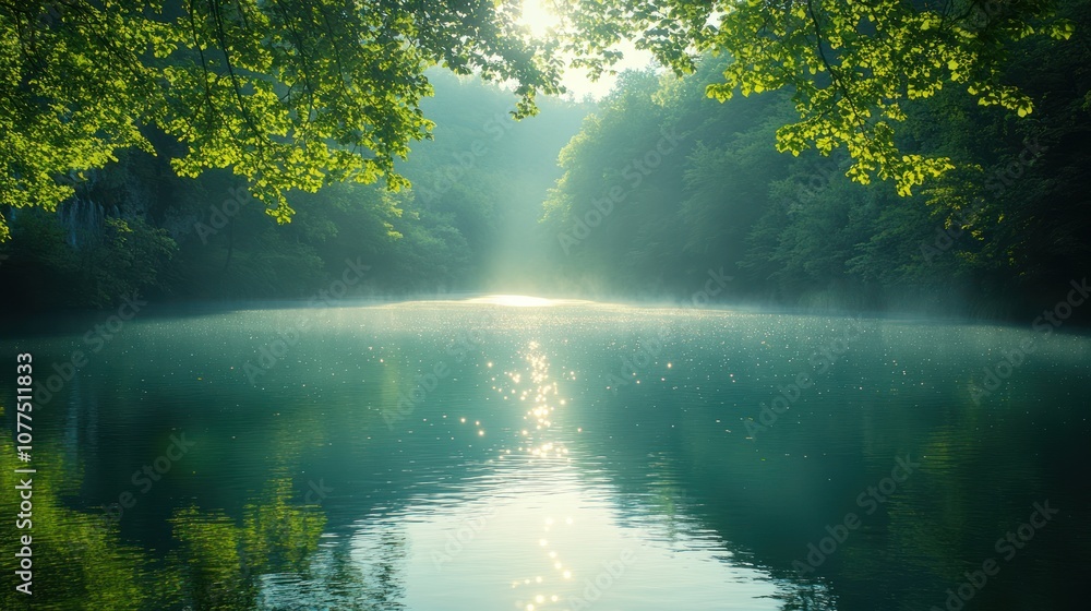 A misty sunrise over a serene lake in the forest. A misty sunrise over a serene lake in the forest.
