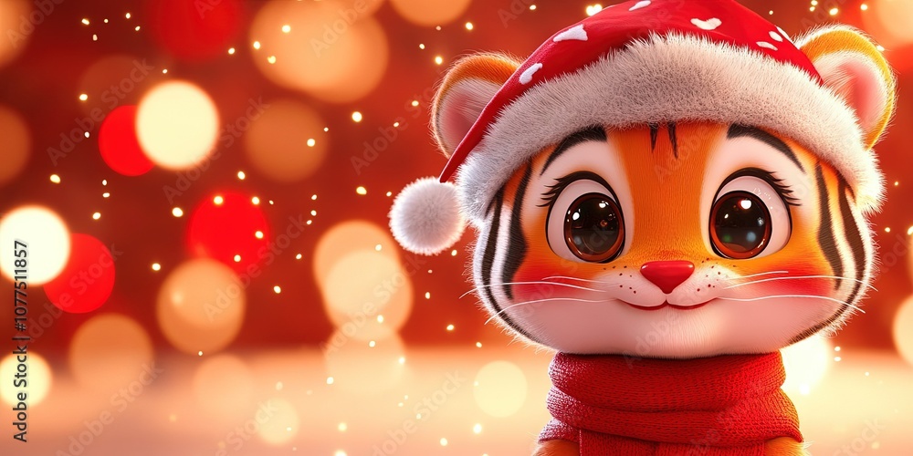 Adorable 3D animated cartoon tiger, christmas background, copy space Adorable 3D animated cartoon tiger, christmas background, copy space