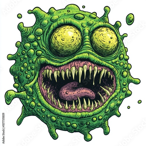 A cartoonish green monster with large eyes, sharp teeth, and a protruding tongue. photo