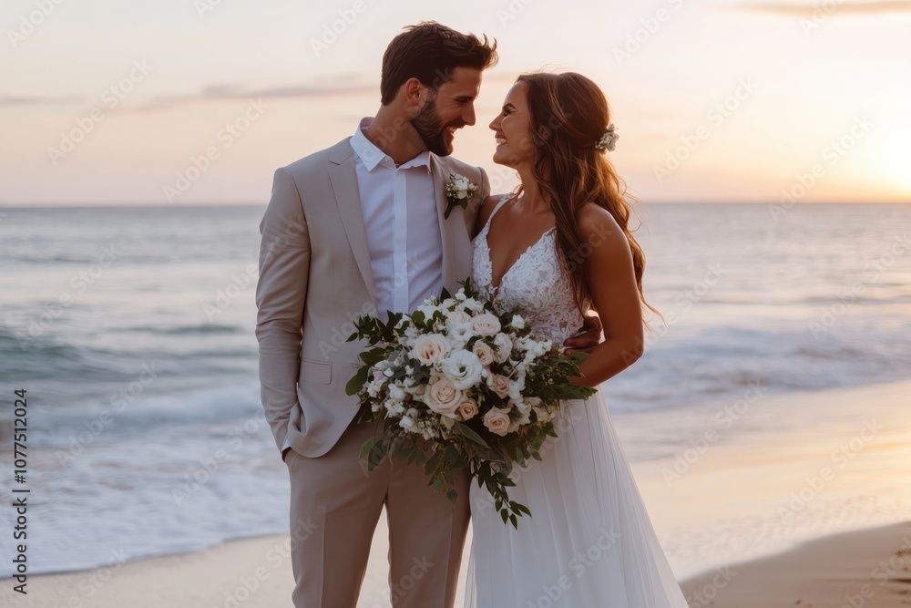 Newlywed couple embraces on the beach at sunset, with the bride holding a floral bouquet, reflecting timeless romance and beauty during their emotional wedding day. Newlywed couple embraces on the beach at sunset, with the bride holding a floral bouquet, reflecting timeless romance and beauty during their emotional wedding day.