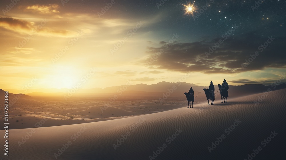 Fototapeta premium The three wise men from the nativity story journeying across the desert, guided by a bright star in the sky, celebrating the Epiphany and the holiday of Three Kings Day